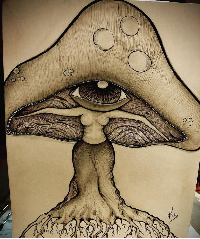 mushroom art drawing beige black white